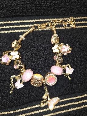 Gold-Tone Pink Enamel Butterfly Charm Bracelet NWOT